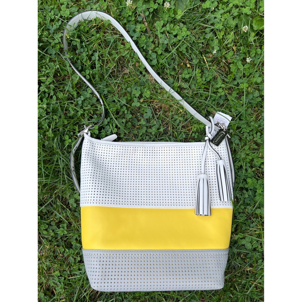 COACH Legacy Perforated Leather Lemon Stripe Convertible Duffle Bucket Bag NWT